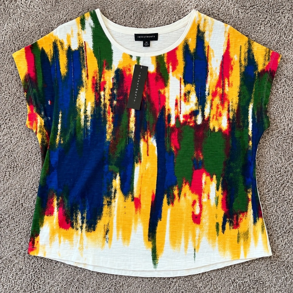 Investments Petites Multi Color Abstract Beaded Cotton Slub Top PM NEW - Picture 3 of 7